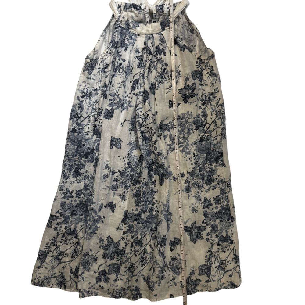 Italian Linen Trapeze Dress Ecru Blue Toile Floral Tie Neck Lined S/M Resort - Picture 11 of 14